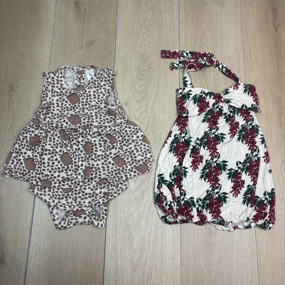 LOT OF 2 Kate Quinn Baby Girls 2T Coffee Bodysuit Floral Halter Bubble Romper